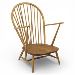 Ercol - Mid 20th century elm and beech Windsor armchair, the hooped spindle back over a sh...