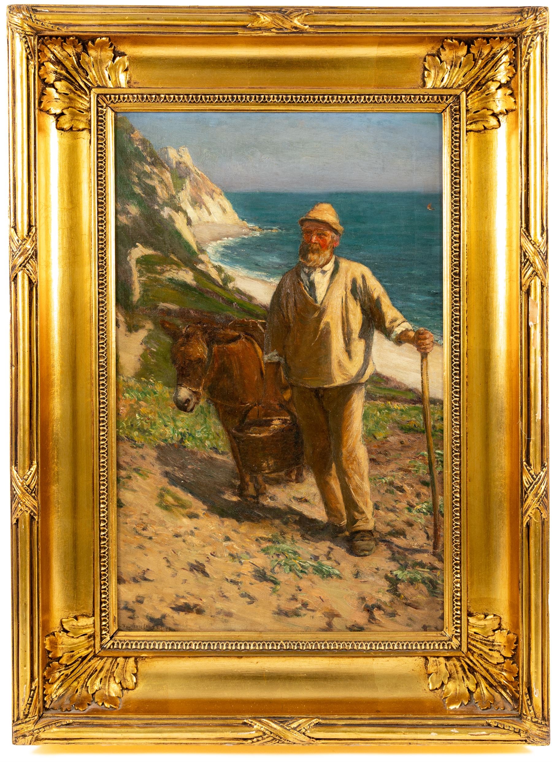 Arthur A Friedenson (Staithes Group 1872-1955): Man and Donkey on the Clifftop, oil on canvas signed and dated '99, 58cm x 37cm