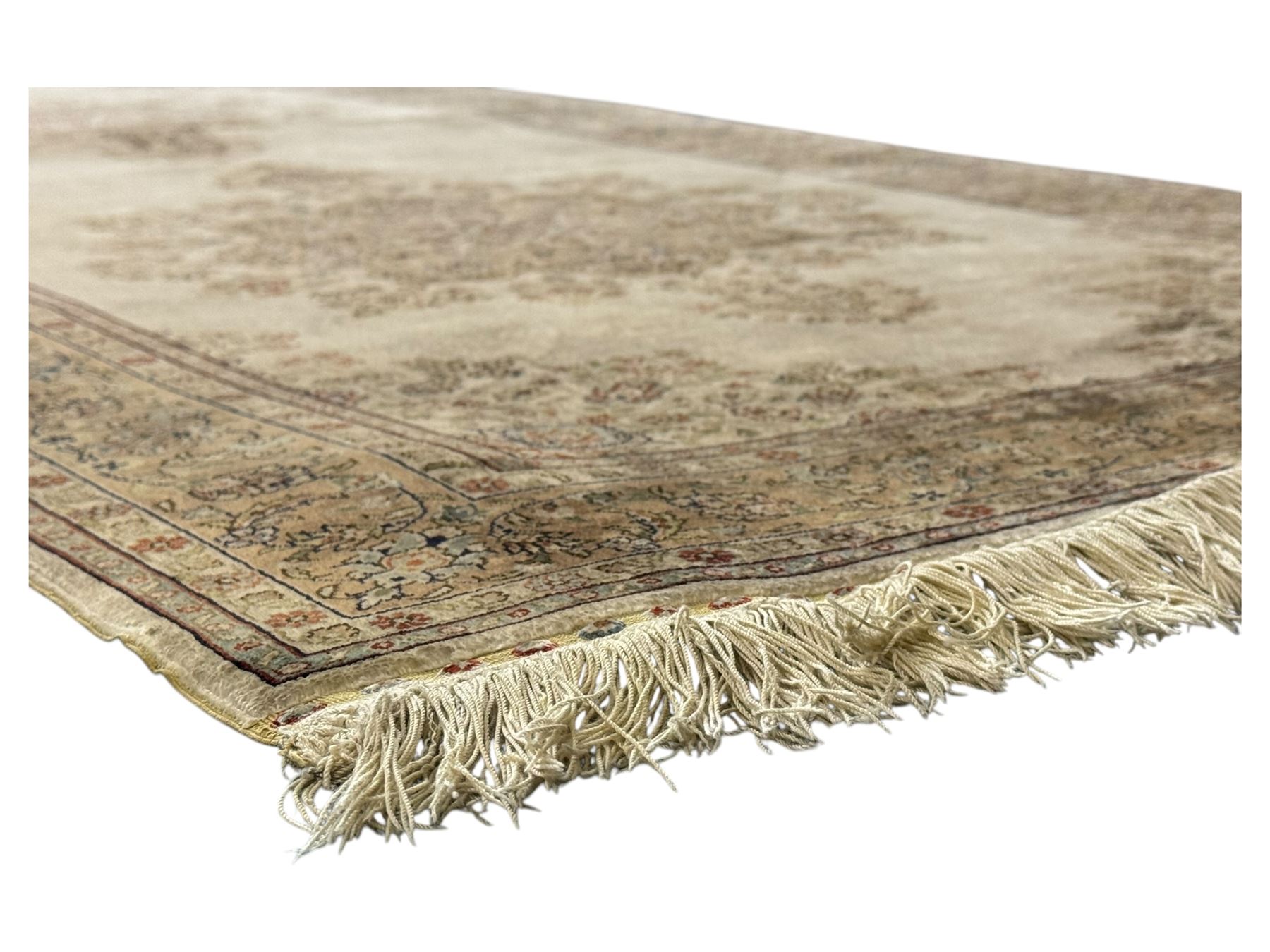 Finely knotted silk on silk ivory ground runner (L185cm,  W76cm), overall floral design together with a prayer rug (L94cm, W63cm)