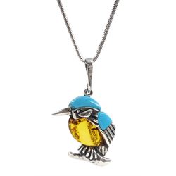 Silver Baltic amber and turquoise Kingfisher pendant necklace, stamped 925