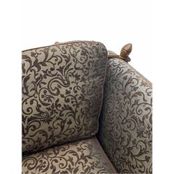 Contemporary Knole type two seat ‘snuggler’ drop arm sofa, upholstered in brown fabric with raised foliate pattern 