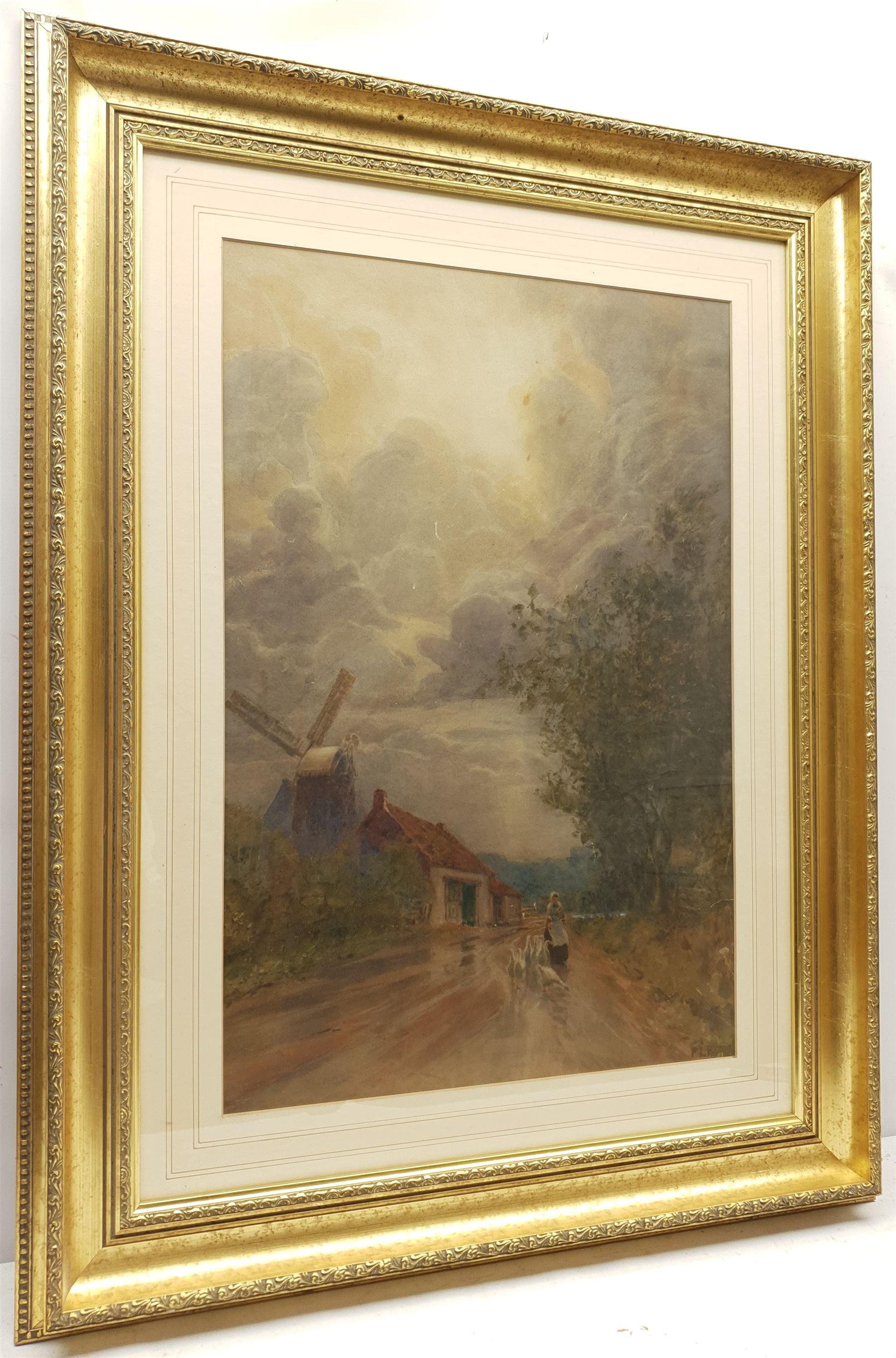 Patrick Lewis Forbes (British 1860-1939): Woman Leading Geese past a Windmill, watercolour signed 62cm x 42cm