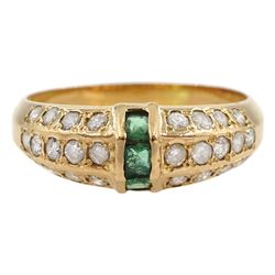 18ct gold calibre cut emerald and diamond ring, stamped