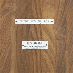 Ensign - Mid-20th century elm extending dining table, with fold out leaf, bow ends and sides; and four low stick back chairs, labelled Ensign Bristow & Townsend Ltd, extended 168cm