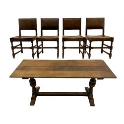 Traditional oak rectangular dining table, twin legs with stretcher base, and four chairs with leather seat and backs