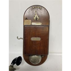 Two Hunningscone patent wall mounting telephones in walnut casing, together with Sterling Telephone & Electric Co. Ltd early wall-mounted telephone 'Primax' and one other 