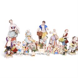 Volkstedt, pair of figures, the flower seller and the bird seller, together with Dresden fruit seller and card seller, with other continental figures