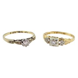 Gold single stone diamond ring and a gold single stone white sapphire ring, both 9ct