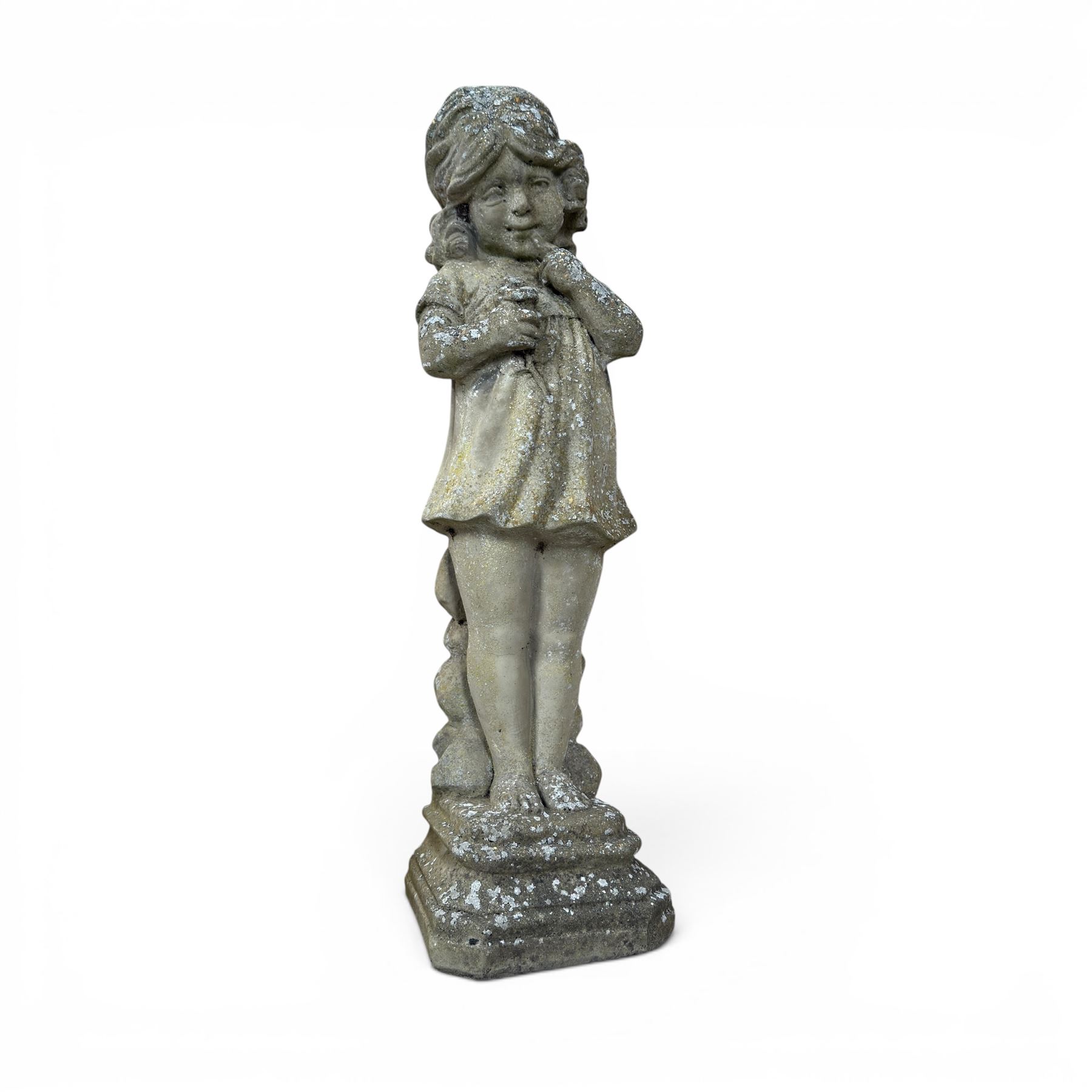 Collection of decorative cast stone garden pieces, comprising three graces bird bath, three urn planters, urn base, figure of girl and a Scottie dog (7)