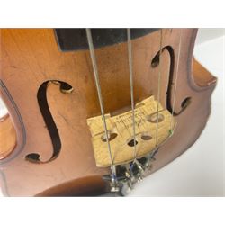 Four Chinese graduated violins - full size with 35.5cm two-piece back; three-quarter size with 33.5cm two-piece back; half size with 31cm two-piece back; and quarter size with 27.5cm two-piece back; all cased except full size; one with bow (4)