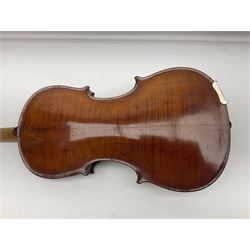 German violin c1890 with 36cm two-piece maple back and ribs and spruce top; bears label 'Antonius Stradivarius Cremona Faciebat Anno 1729' L59.5cm overall; in ebonised wooden 'coffin' case; and two German violins c1890 for completion - one bearing a Stradivarius label, the other a Ruggeri label; both in carrying cases (3)