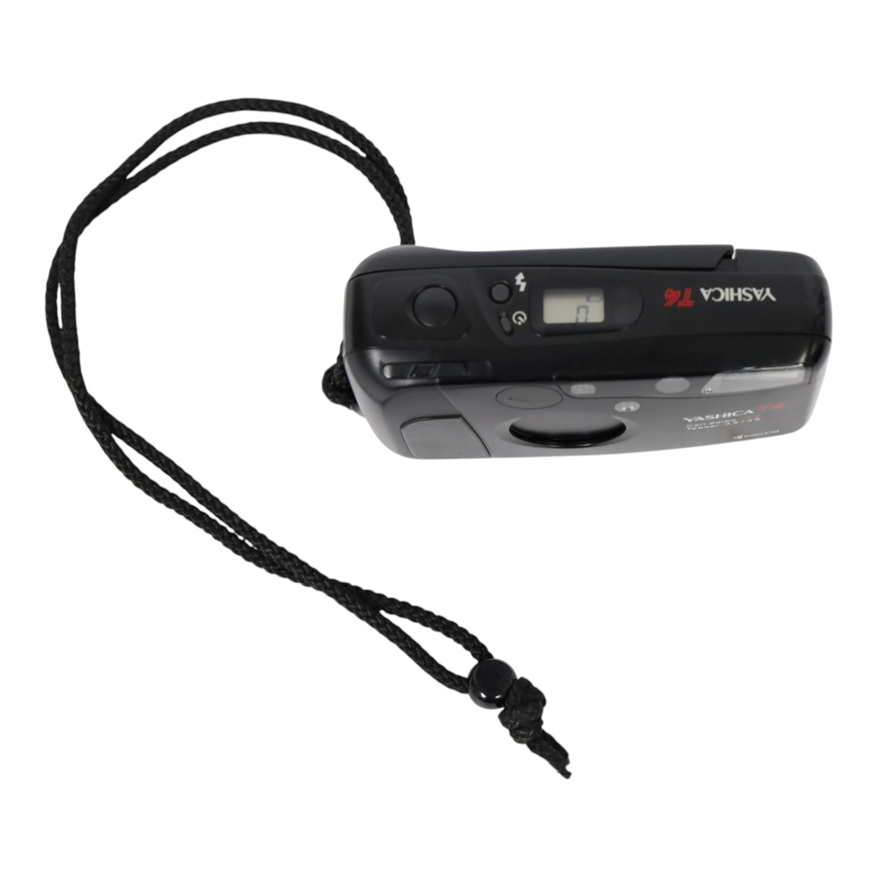 Yashica T4 35mm compact camera, serial no. 120026, with a Carl Zeiss T* 35mm f3.5 Tessar lens and wrist strap