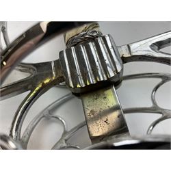 Replica knight's longsword, the 91.5cm double-edged steel blade with basket hilt and wire-bound bone grip with spherical pommel, in leather scabbard L112cm overall