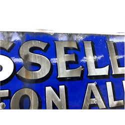 Large Vintage enamel advertising sign, of rectangular form, detailed 'RUSSELLS MALTON ALES' upon a blue ground, H61cm L183cm
