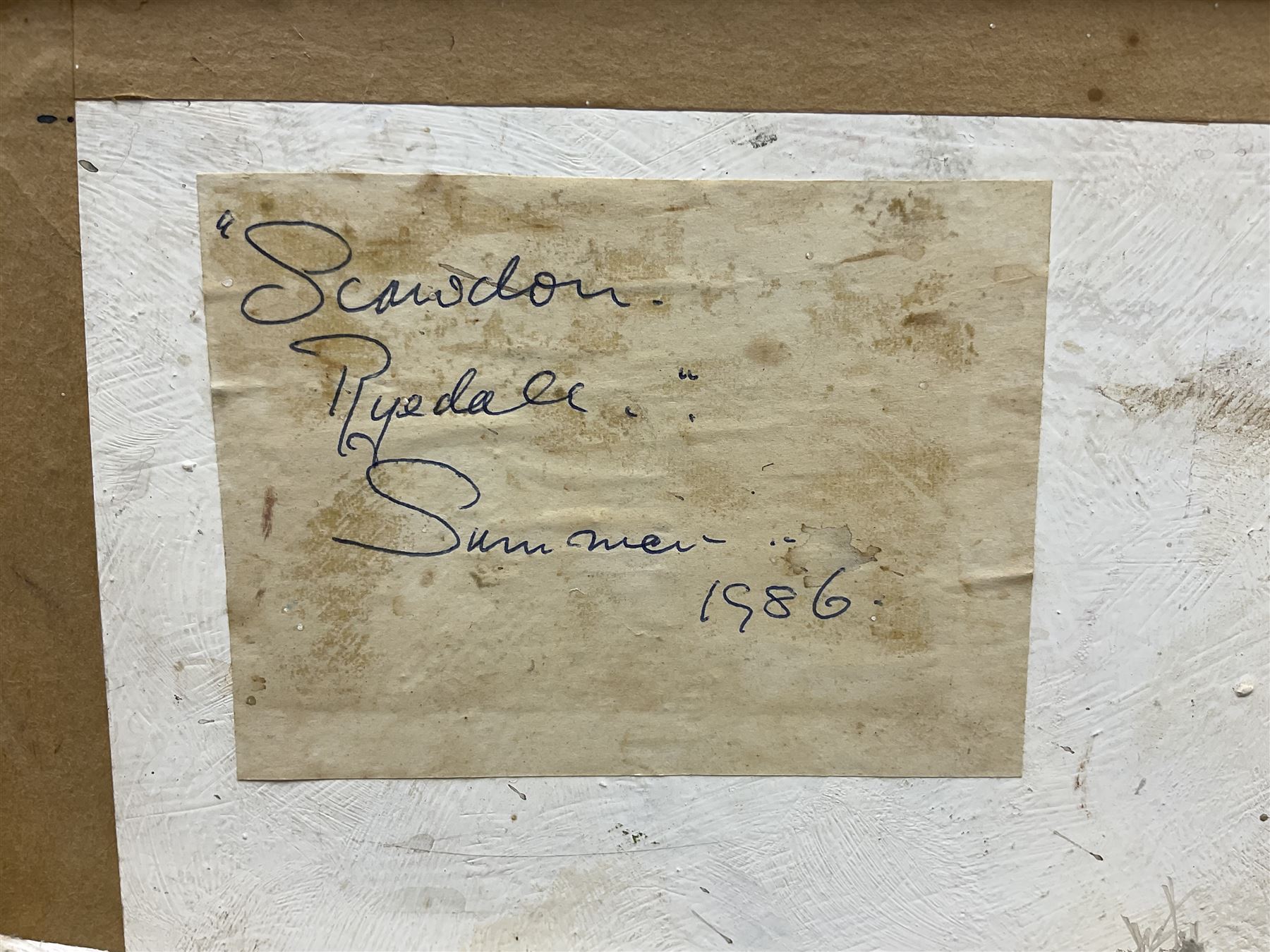 E Charles Simpson (British 1915-2007): 'Sawdon Ryedale', oil on board signed, titled and dated Summer 1986 verso 29cm x 37cm