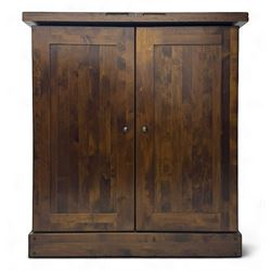 Laura Ashley - contemporary 'Garret' birch and dark chestnut finish bar cabinet, rectangular top with fold-out sides, double front doors enclosing shelving, wine racks, and glass storage, built-in stemware racks and bottle compartments, raised on plinth base