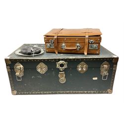 Large travel trunk with studded decoration and hinged lid, together with a leather suitcase, trunk H36cm, L91