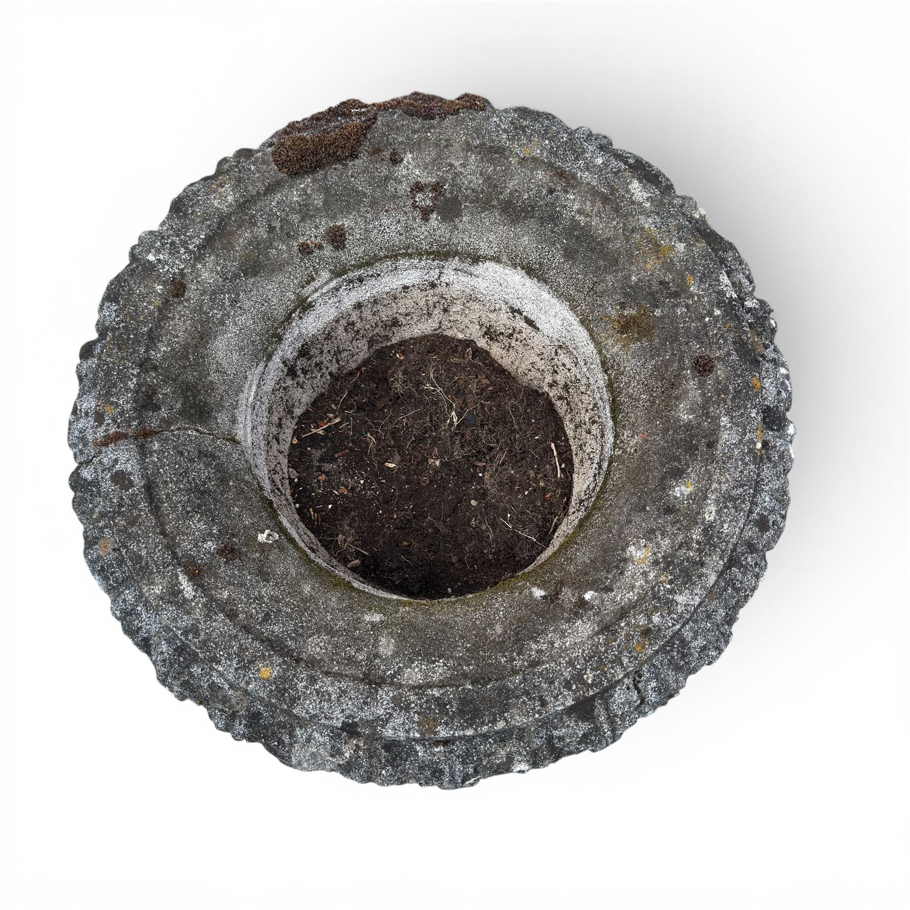 Pair of quality antique weathered three-piece composite stone garden urns, the flared rim moulded with repeating acanthus leaves, over a deep-relief campana body decorated with fruiting grapevines and ivy leaves, the gadrooned underbelly over a turned socle and square base