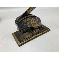 Pair of oak barley twist candlesticks, together with a Victorian cast iron seal embossing press / Franking machine, and further box painted with ship scene containing a quantity of toothpicks, tallest H21cm