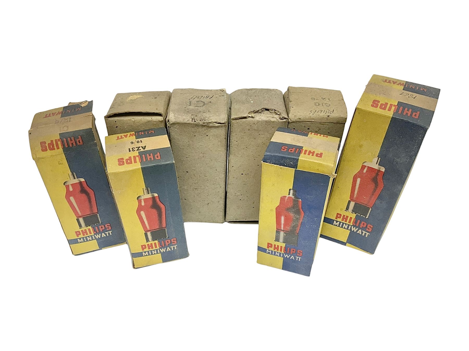 Eight Philips Miniwatt thermionic radio valves/vacuum tubes, including AZ31, C1, 1867, CY31, C1C, CY1C, four in original boxes