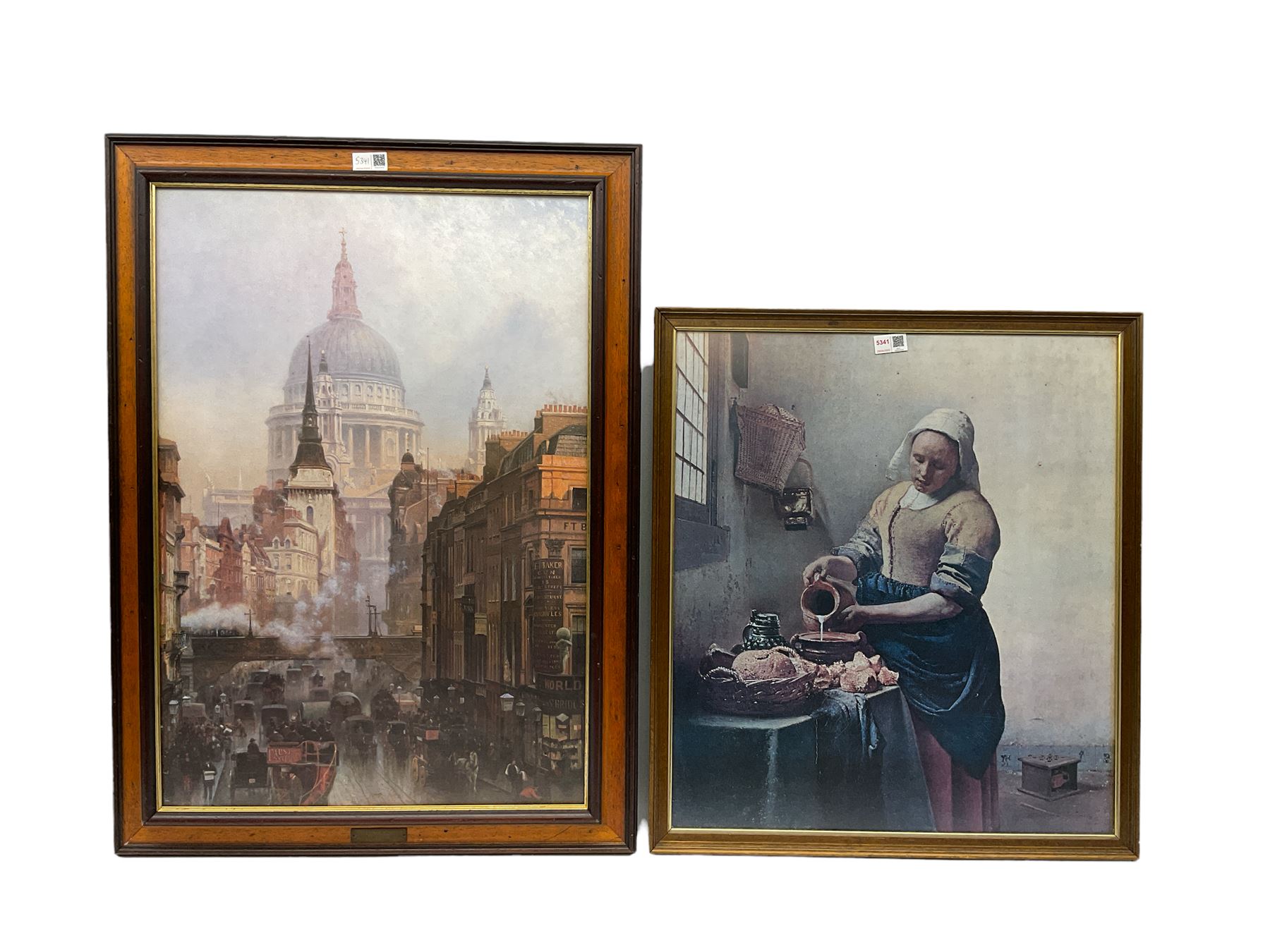 After Johannes Vermeer (Dutch 1632 - 1675): 'The Milkmaid', colour print together with a print of St Paul's Cathedral max 70cm x 48cm (2)