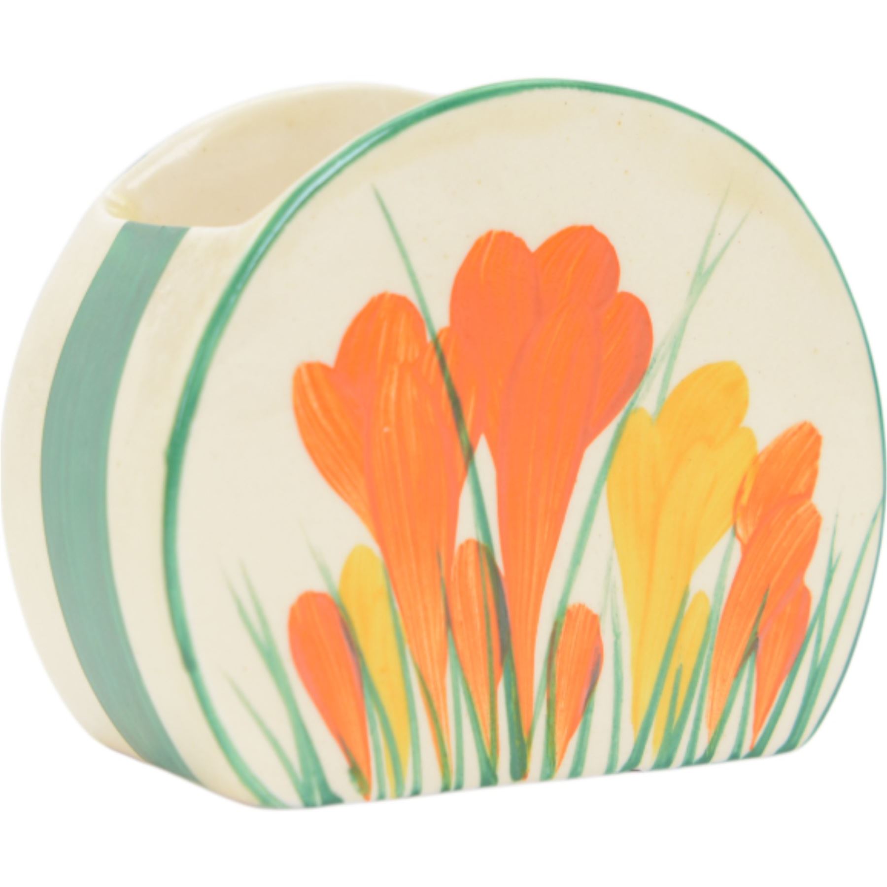 Clarice Cliff Biarritz Bonjour shape tea service for six, in Sungleam Crocus pattern, comprising teapot, milk jug, open sucrier, cups and saucers, all with printed Biarritz by Clarice Cliff  Wilkinson Ltd England beneath, teapot H20cm

