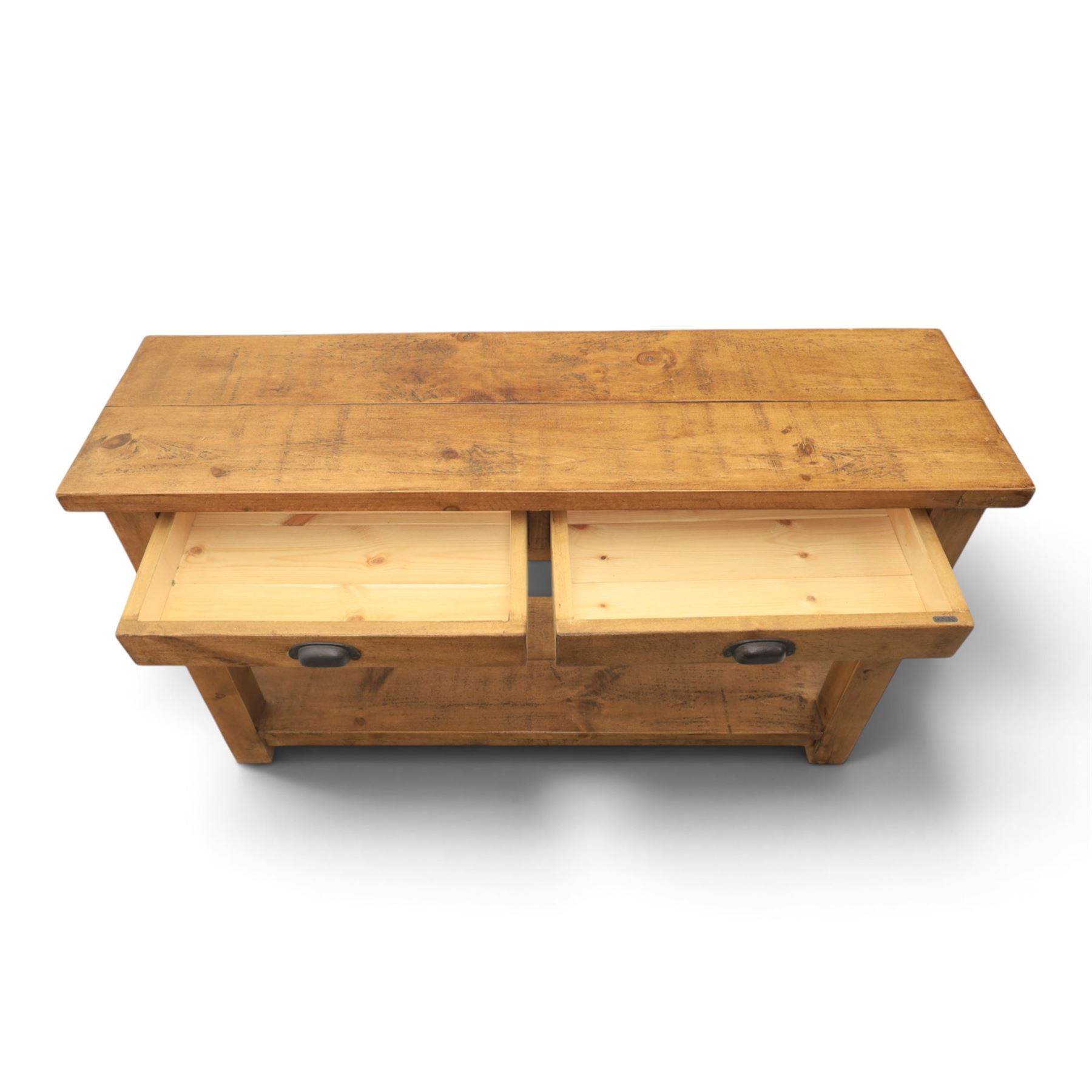 Indigo Furniture - rustic oak console table, two frieze drawers metal cup handles, stile supports with full length undertier