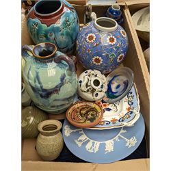 Poole pottery vase, Mdina glass vase and a collection of other glassware and ceramics, in two boxes 