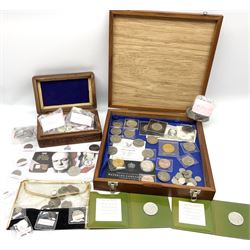 Great British and World coins and medallions including King George V 1935 crown, United States of America 1879 O one dollar coin, two Queen Elizabeth II Bailiwick of Guernsey 2014 five pound coins in cards, various pre-euro coins etc
