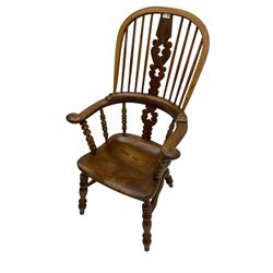 Traditional elm Yorkshire style Windsor armchair, high back with pierced and fret work splat, turned supports joined by double H stretcher