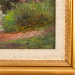 George Penton Fisher (British 1871-1914): Gazing Over the Bridge, oil on wood panel signed 15cm x 23cm