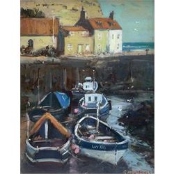 Richard Marshall (British 1944-2006): Fishing Boats at Cowbar Staithes, oil on canvas board signed 33cm x 25cm
Provenance: with T B & R Jordan Stockton-on-Tees Exh. 2007, label verso