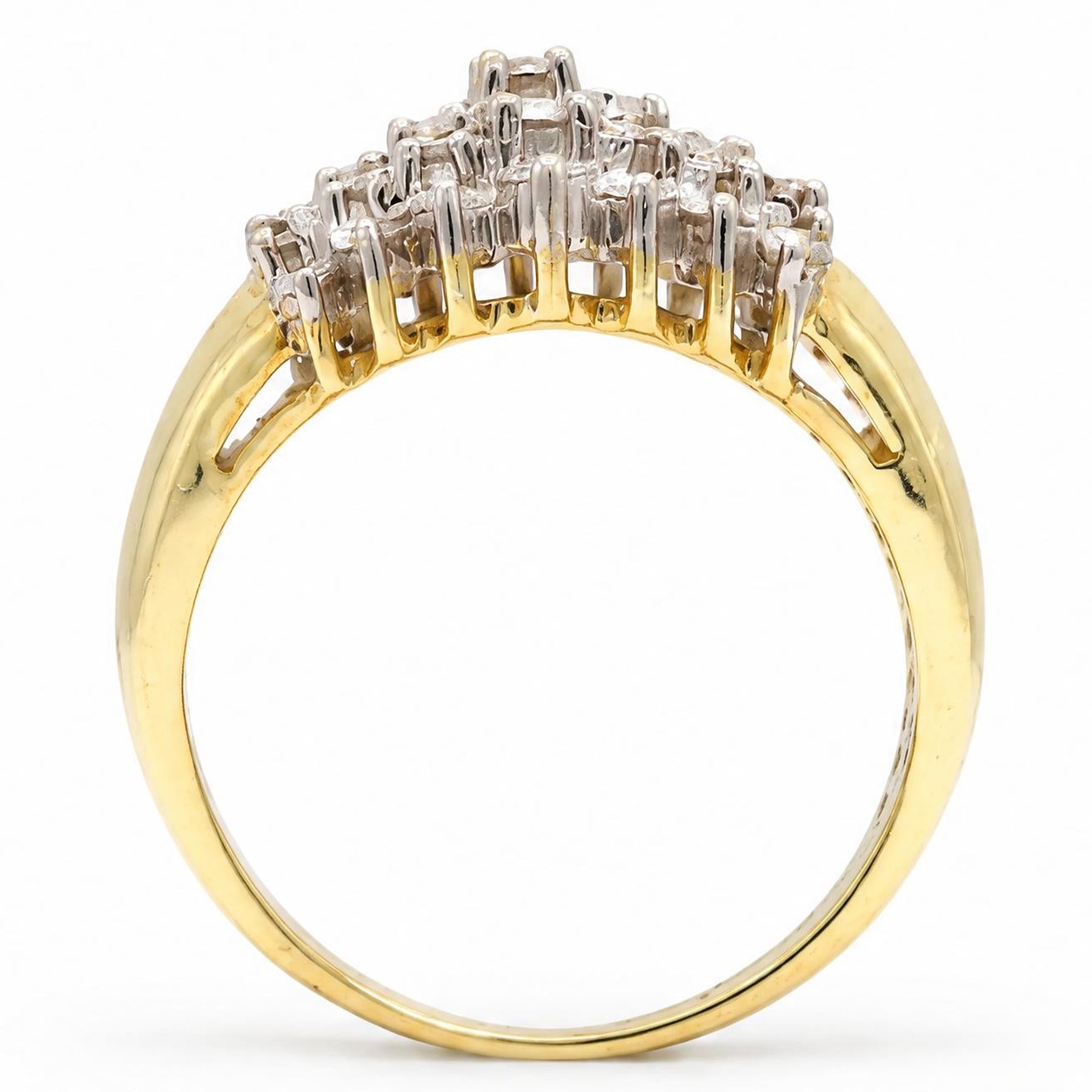 18ct gold diamond rive row stepped design ring, each row set with seven round brilliant cut diamonds, stamped, total diamond weight approx 0.80 carat