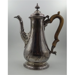  George lll silver baluster coffee pot, hinged lid with hive finial, acanthus cast spout and hardwood handle on stepped circular base by Fuller White, London 1763, H27cm, approx 33oz   