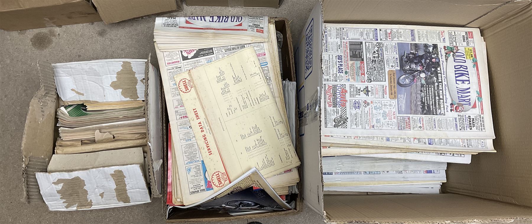 Large collection of motorcycle and motoring magazines, to include Classic Bike in eleven folders, Motorcyle Sport, Old Bike Mart Newspapers etc, in thirteen boxes 