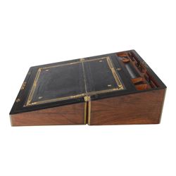 19th century rosewood writing slope, of rectangular form, the hinged cover and front with inlaid foliate engraved brass corner panels, and inlaid marquetry and brass diamond borders, the cover with foliate engraved and named central plaque, opening to reveal a fitted and compartmented interior with gilt tooled black leather slope, H21cm W50cm D28.5cm