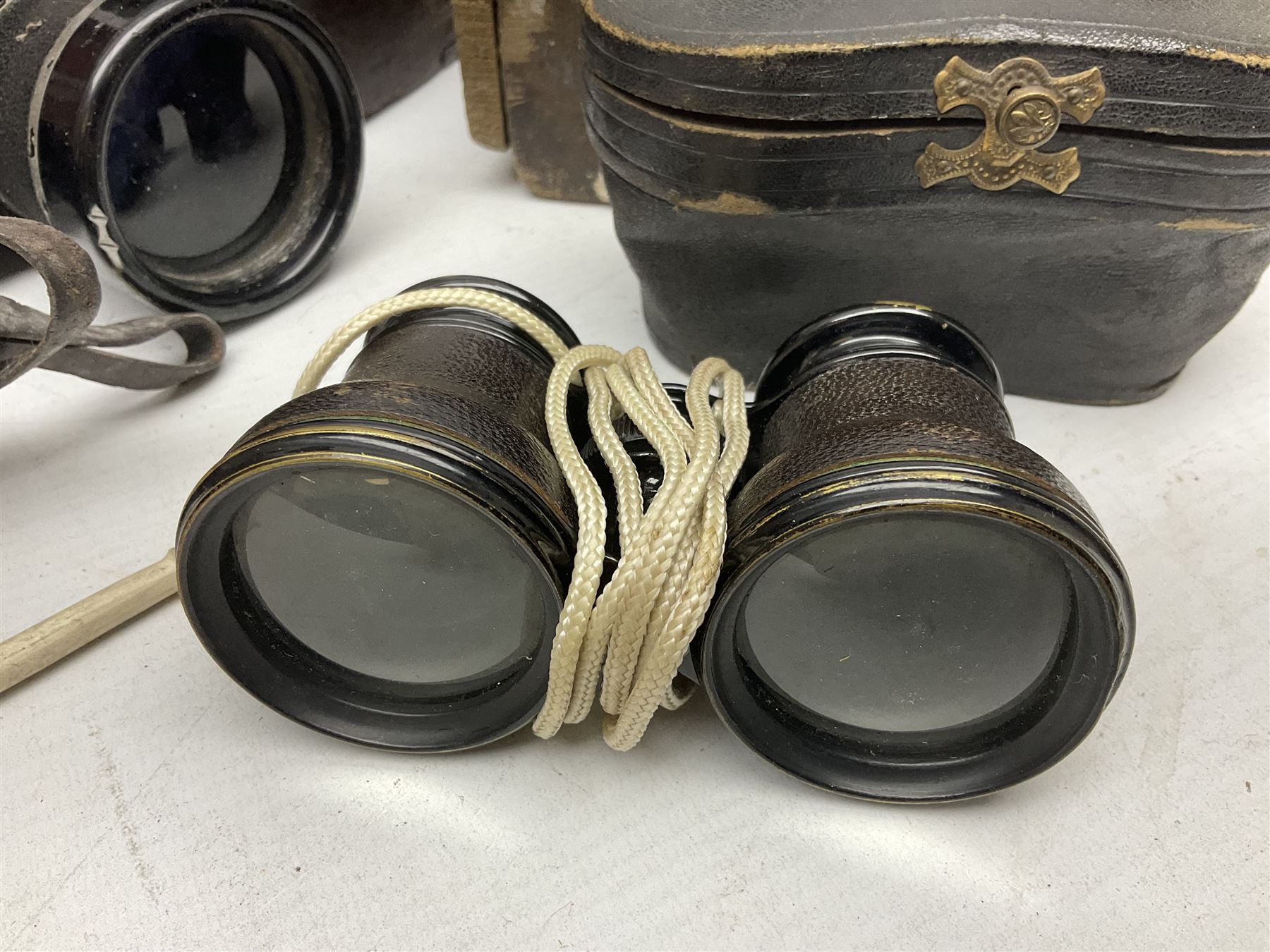 Pair of Lemaire Fabi of Paris mother of pearl opera glasses, together with Ajax 10 x 50 Ajax binoculars, four wooden planes, mining lamp and clay pipe 