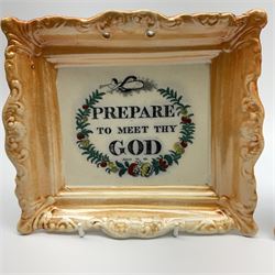 Two 19th century Sunderland orange lustre wall plaques, the first example inscribed Thou God Seest Me, the second example inscribed Prepare To Meet Thy God, H20cm L23cm.