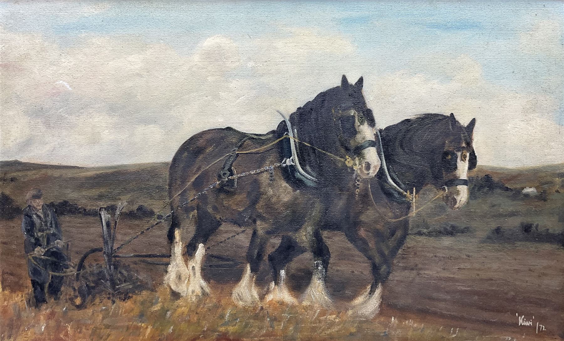 English School (20th century): Heavy Horses Ploughing, oil on board indistinctly signed and dated '72, 47cm x 77cm