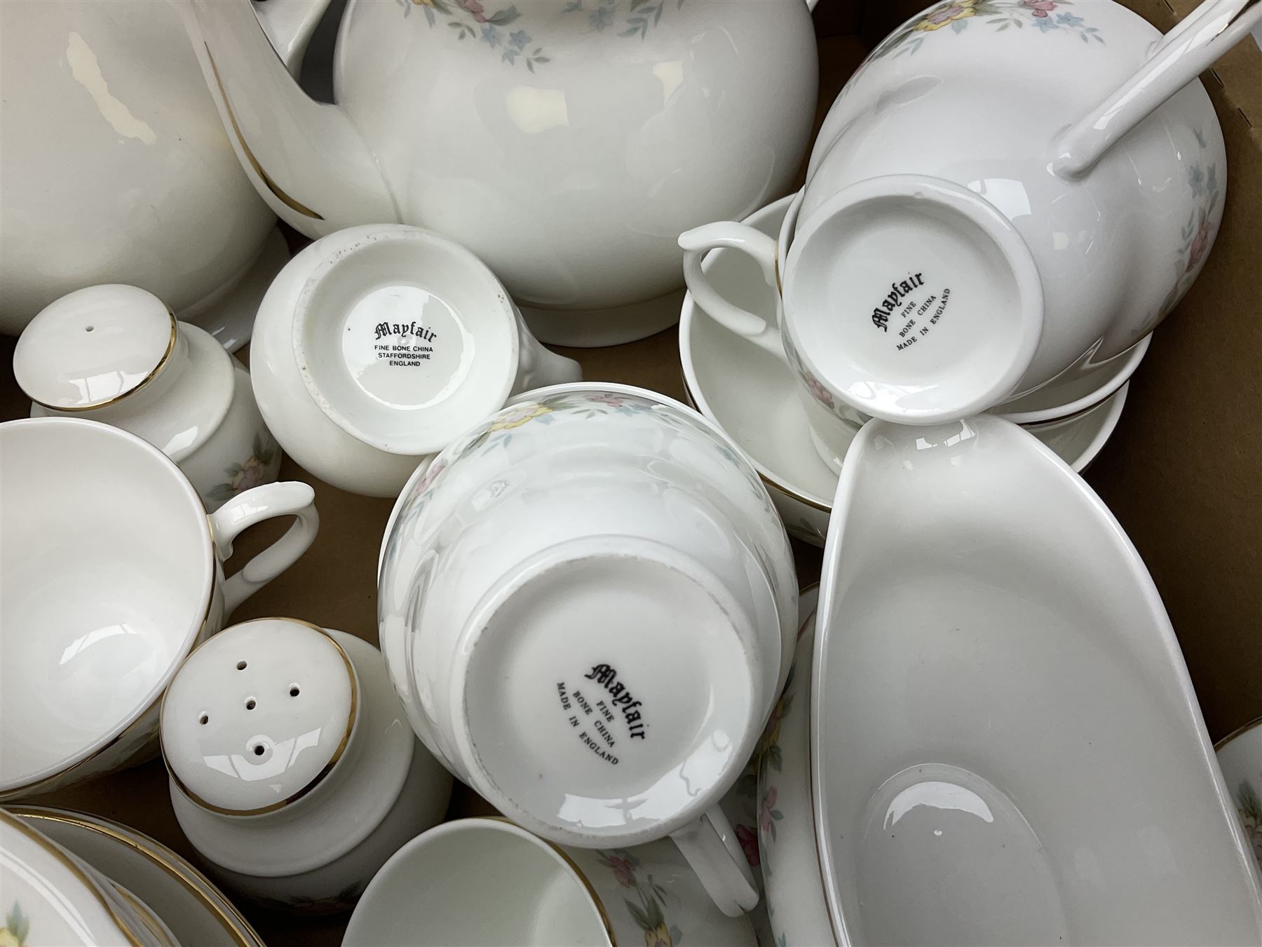 Mayfair tea and dinner wares decorated with floral design and gilding, to include lidded tureen, tea and coffee pots and cups, dinner plates etc, together wtih a quantity of Burslem Till & Sons Empire bowls etc