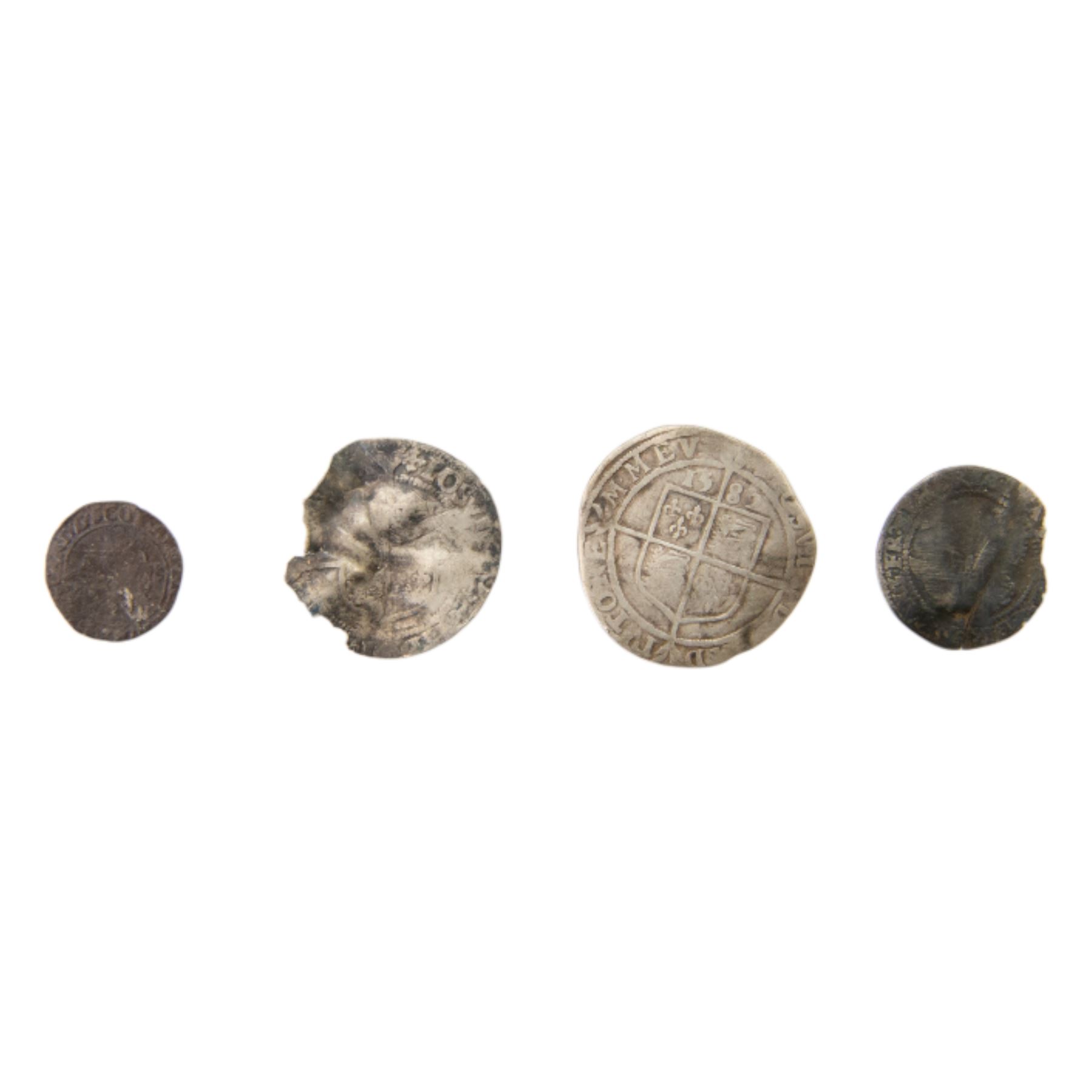 Three Elizabeth I coins, comprising 1572 threepence, 1582 sixpence, and groat (date rubbed), and a Charles I twenty pence coin (4)