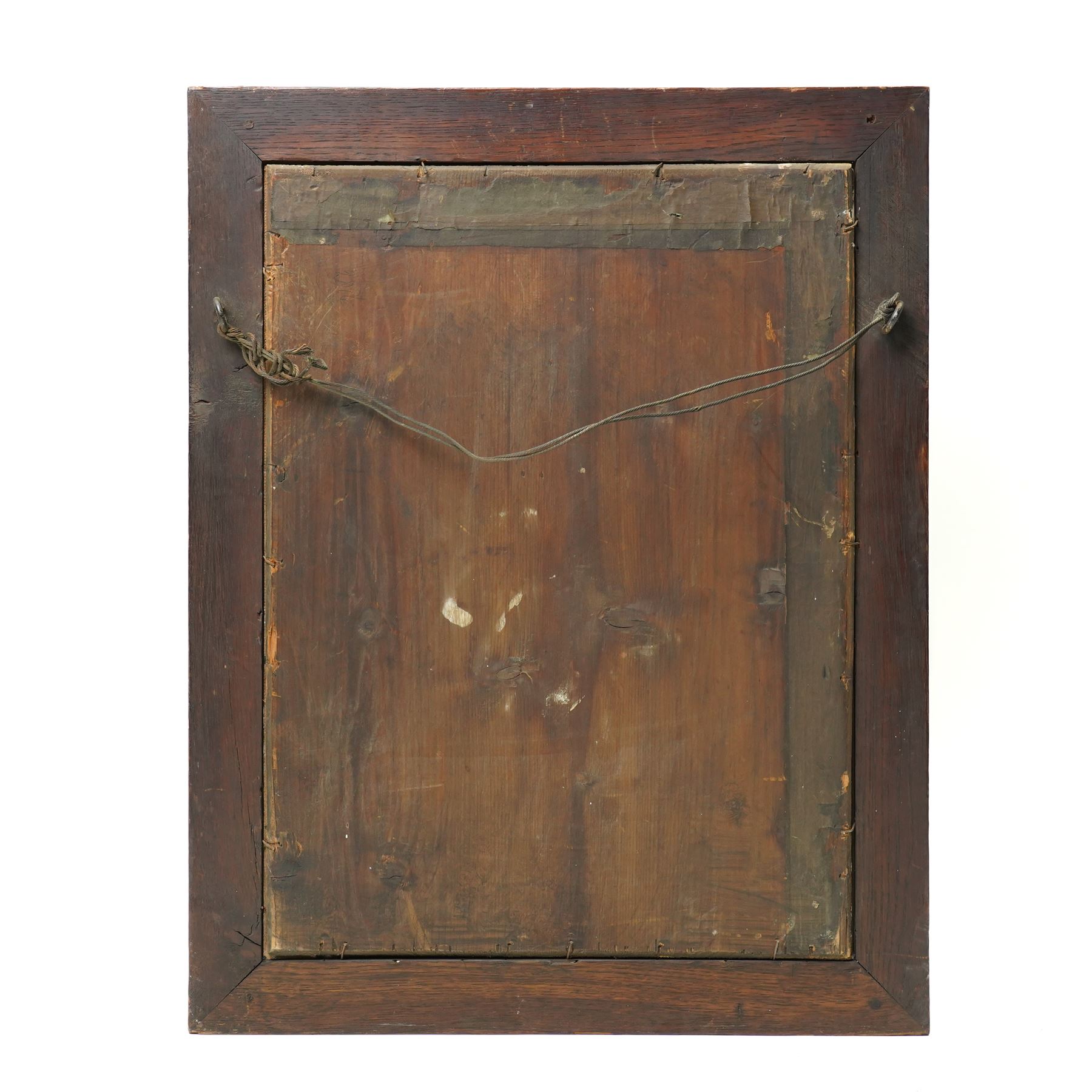 Late 18th/ early 19th century Dutch delftware tile picture of a rural scene with a farmer leading a cow within a floral surround, framed 62cm x 49cm overall