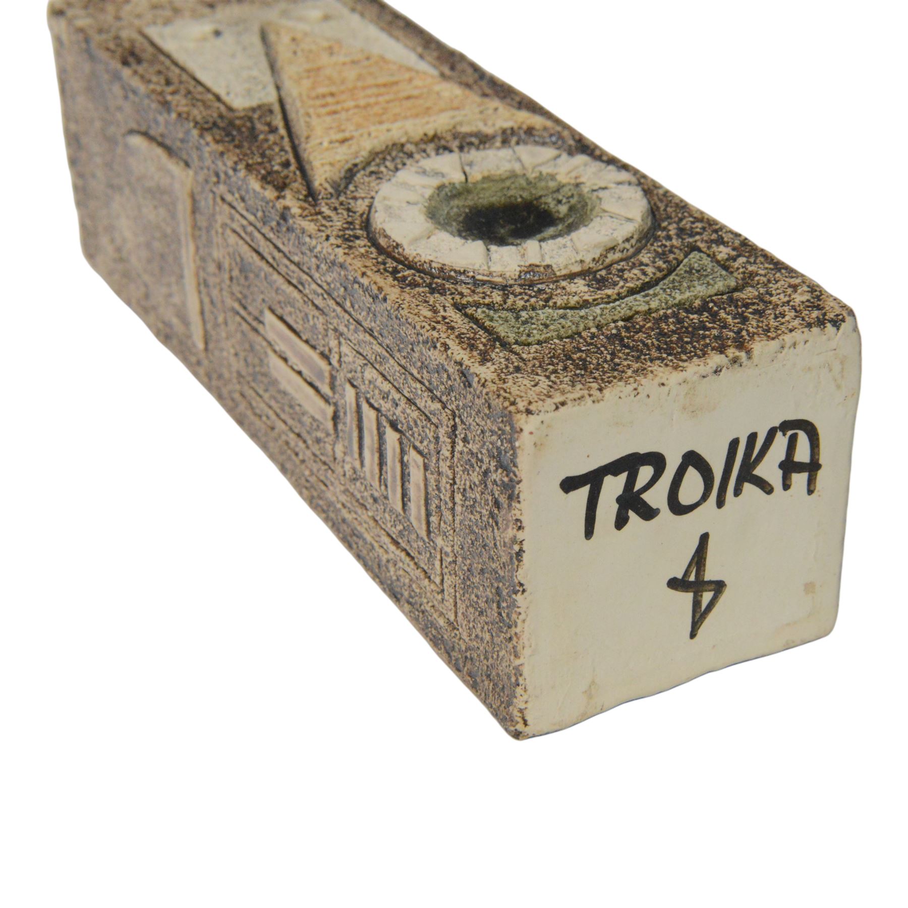 Avril Bennet for Troika Pottery, rectangular form vase with incised geometric decoration, signed to base, H23cm 