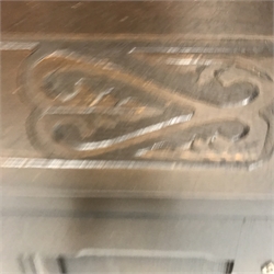 Priory oak court cupboard sideboard, raised back with two lead display doors above two drawers and two cupboards, stile supports, W123cm, H126cm, D45cm