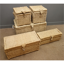  Set five graduating wicker baskets, hinged lid, side handles, W85cm, H46cm, D46cm  