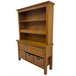 Manor Oak - light oak dresser and rack, fitted with two shelves with three drawers, two deep drawers and pot baked base with basket storage