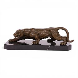 After Milo - bronze modelled as a crouching panther, upon a marble base, H14cm, L
40cm