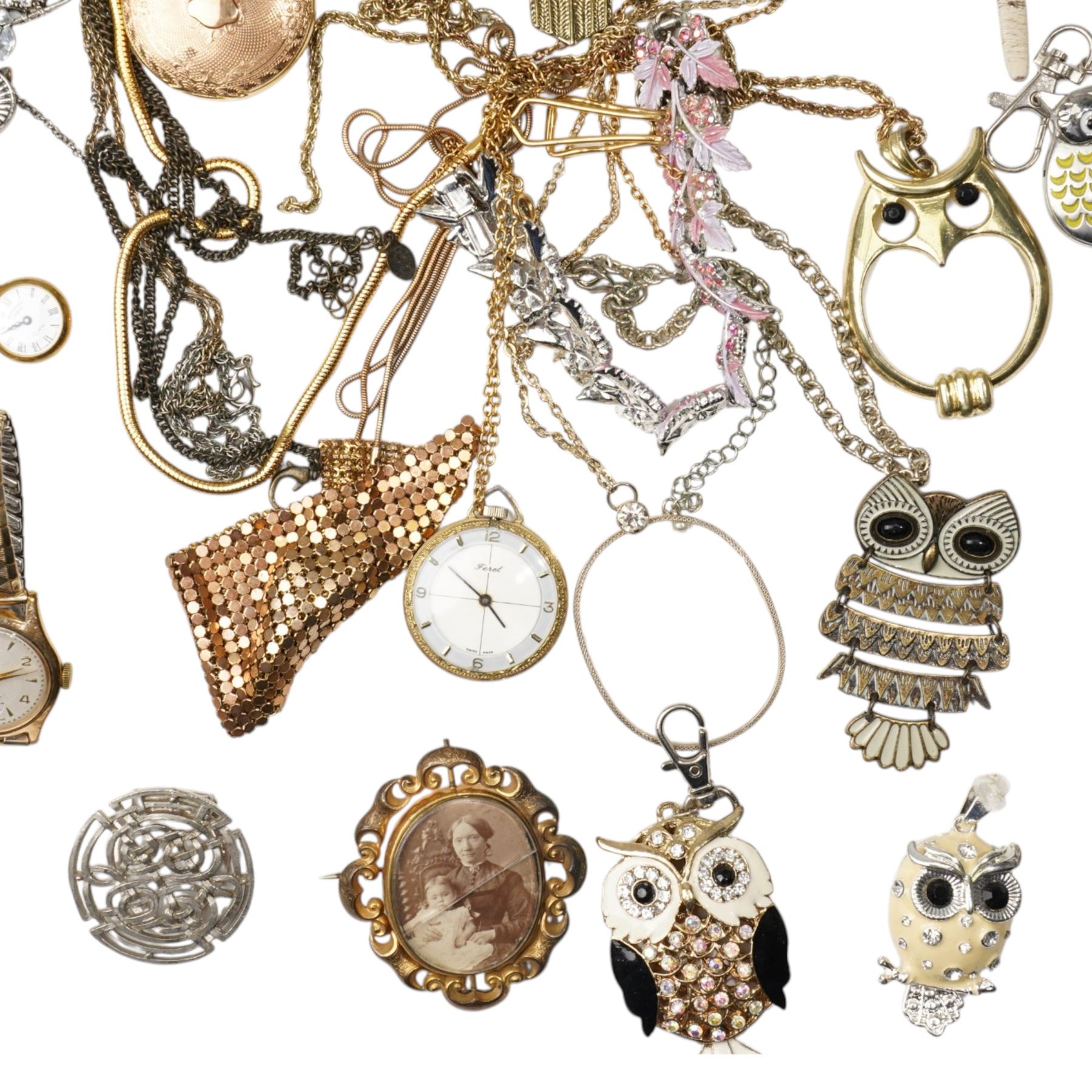 Early 20th century gilt metal swallow necklace, 18ct '13' heart pendant, silver panel bracelet, silver chatelaine hand mirror, Birmingham 1922, Halcyon Days enamel box, ladies Rotary wristwatch, Spendid pendant watch, miniature Japanese Satsuma vase and other costume jewellery 