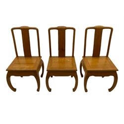 Oriental hardwood rectangular dining table, and six high back dining chairs with solid seats