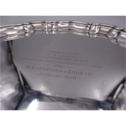 1940's silver waiter, of circular form with Chippendale type rim and personal engraving to centre, upon three scroll feet, hallmarked William Suckling Ltd, Birmingham 1934, D20cm, approximate weight 10.70 ozt (332.9 grams)